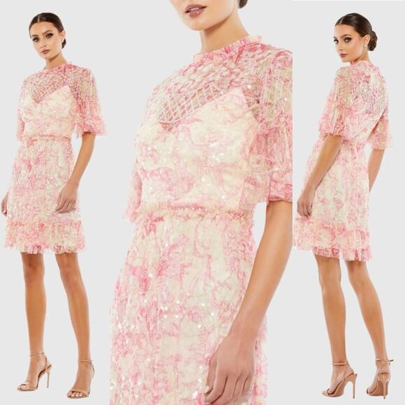 Mac Duggal Flounce Sleeve Floral Embellished Dress Multi Blush Pink A9148 - Picture 1 of 16